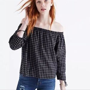 Madewell Plaid Off The Shoulder Top Black L